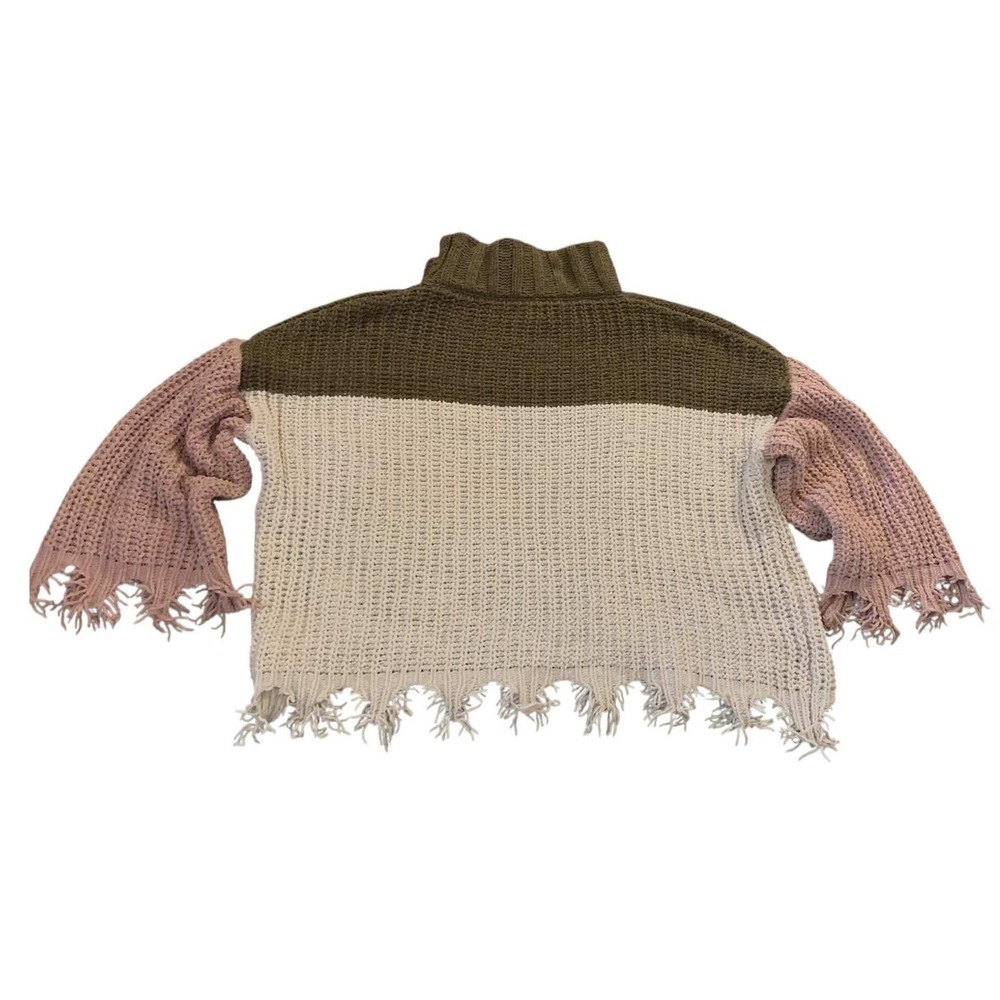 POL Sweater Womens Small Brown Pink Colorblock Fringe Mock Neck MST127 Boho - Picture 3 of 8